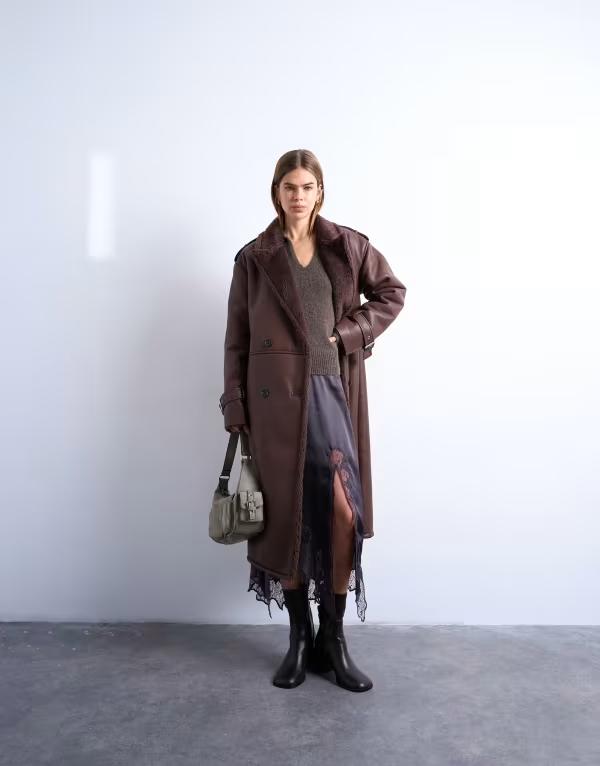 トップショップ レディース アウター コート Topshop longline oversized aviator borg coat in chocolate tan choc タン