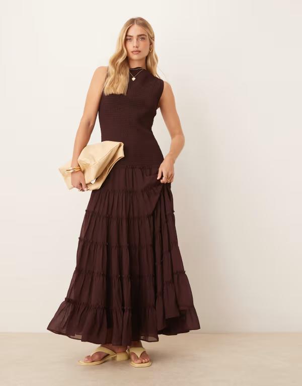 エイソス レディース トップス ワンピース マキシワンピース マキシ ASOS DESIGN shirred slash neck maxi dress in chocolate Chocolate チョコレート