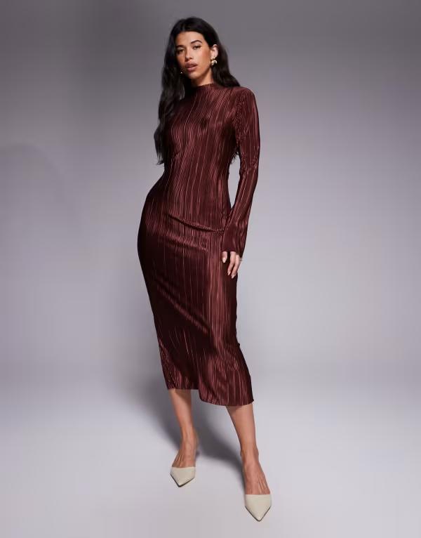 エイソス レディース トップス ワンピース ASOS DESIGN tie back long sleeve plisse dress in chocolate chocolate チョコレート