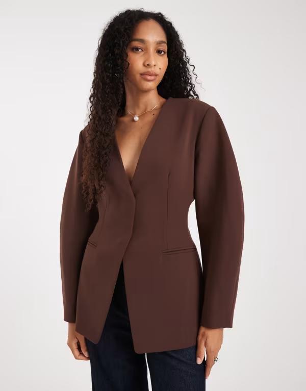 エイソス レディース アウター ジャケット・ブルゾン ブレザー ASOS DESIGN cinch collarless blazer in chocolate Chocolate チョコレート