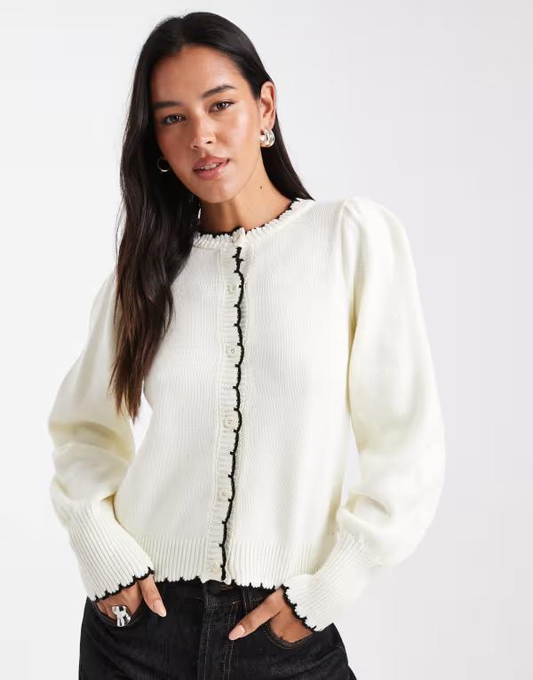 ミスセルフフリッジ レディース アウター カーディガン Miss Selfridge puff sleeve blanket stitch cardigan in cream CREAM クリーム