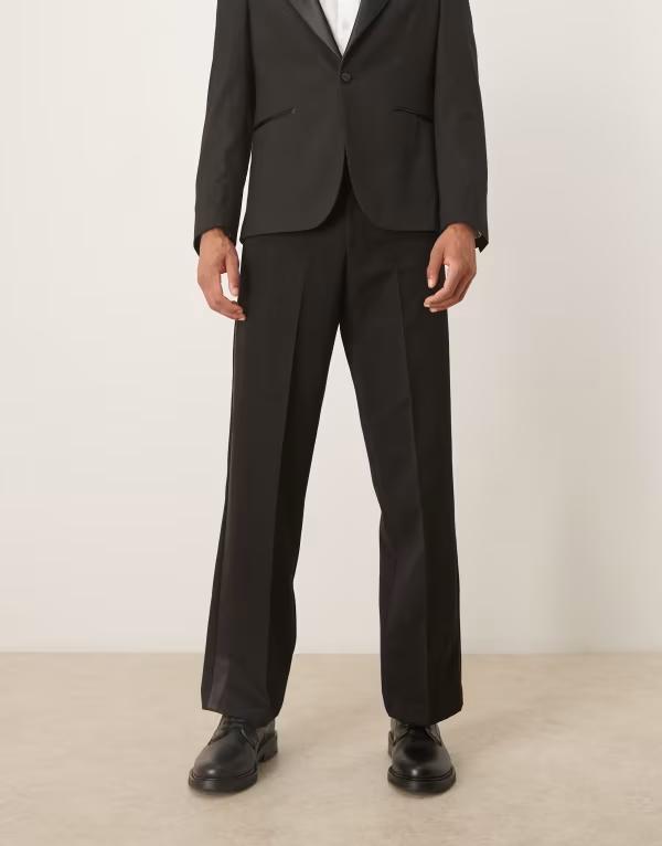 【送料無料】 エイソス メンズ カジュアルパンツ ボトムス ASOS DESIGN smart tuxedo wide leg pants with side stripe Black