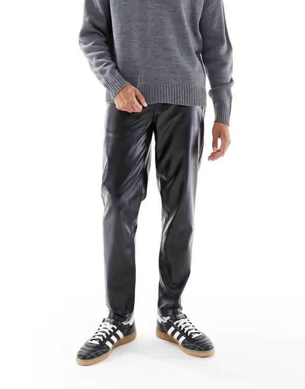 エイソス メンズ ボトムス カジュアルパンツ パンツ レザー フェイクレザー ASOS DESIGN tapered pants faux leather Black ブラック