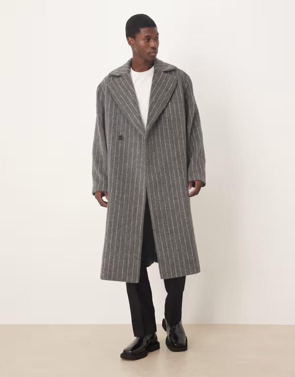 【送料無料】 エイソス メンズ コート アウター ASOS DESIGN oversized wool look overcoat in gray pinstripe Gray