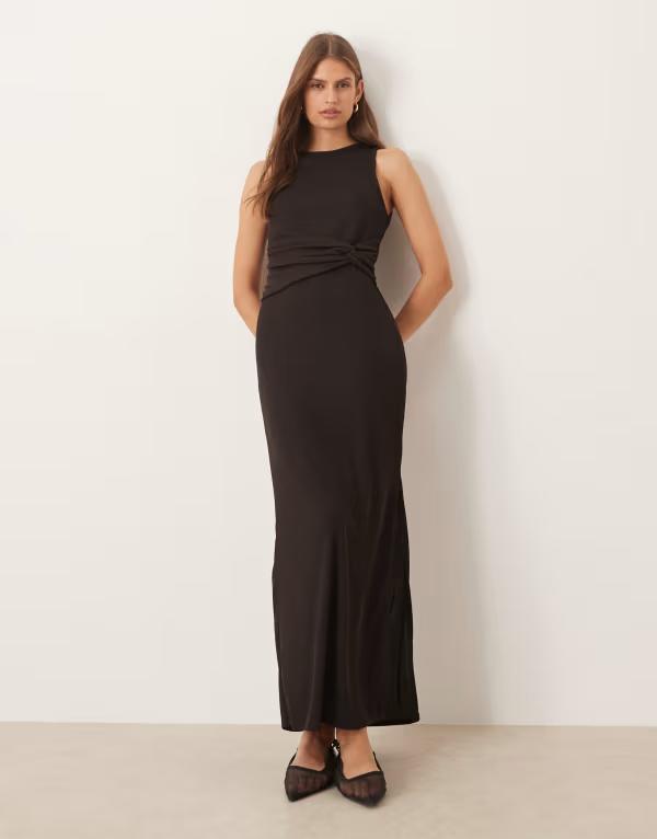 エイソス レディース トップス ワンピース ミディワンピース リブ ミディ ノースリーブ ASOS DESIGN ribbed sleeveless racer knot waist midi dress in chocolate BROWN ブラウン