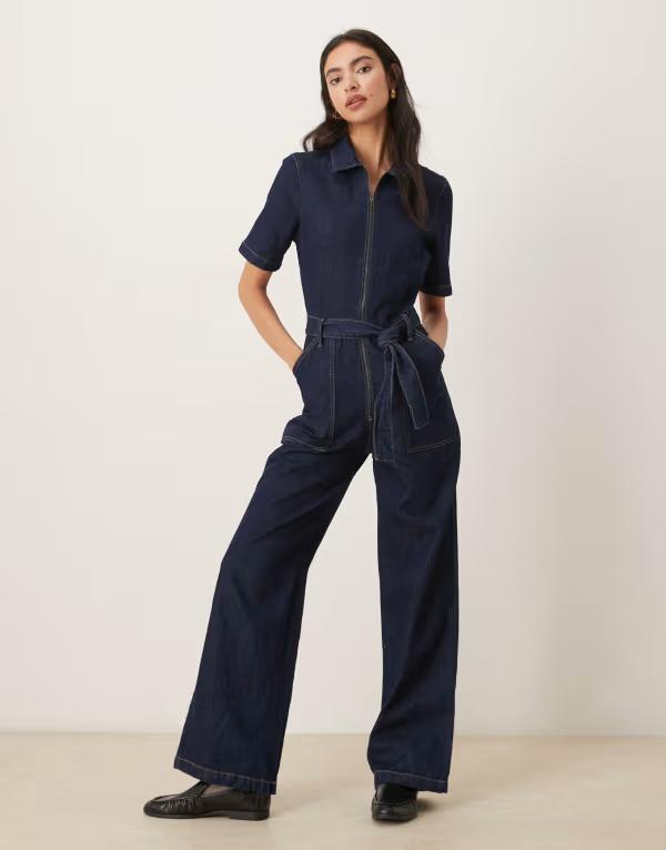 マンゴ レディース トップス ジャンプスーツ コットン デニム Mango 100% cotton belted short sleeve denim jumpsuit in dark Dark blue ブルー