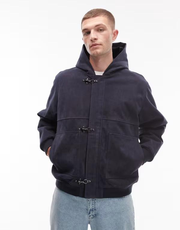 コルージョン メンズ アウター コート スエード ジャケット COLLUSION hooded suede look jacket with hardware trim NAVY ネイビー