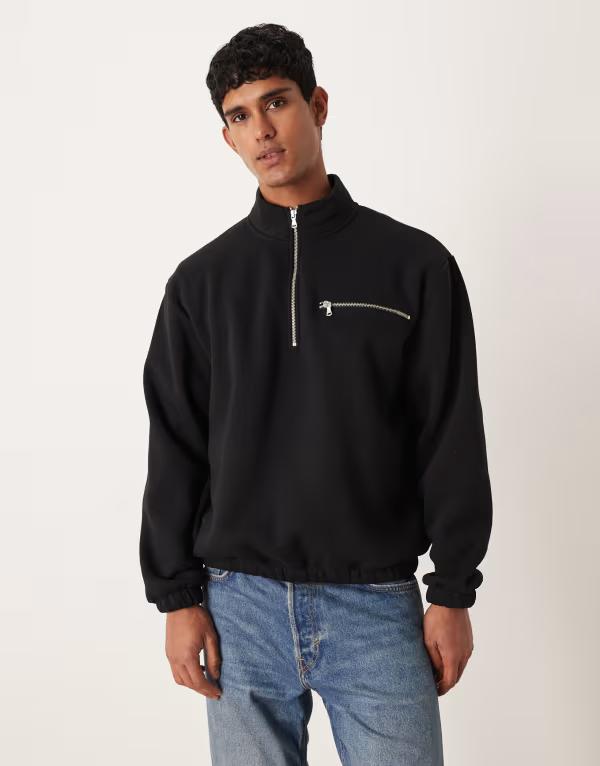 エイソス メンズ アウター パーカー・スウェット ハーフジップ スウェット シャツ ASOS DESIGN relaxed quarter zip sweatshirt Black ブラック(4)