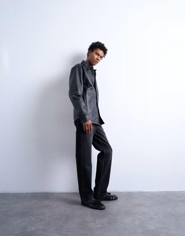 ȥåץޥ  ȥåץ  쥮顼եå 쥶 Topman regular fit real leather shirt Black ֥å