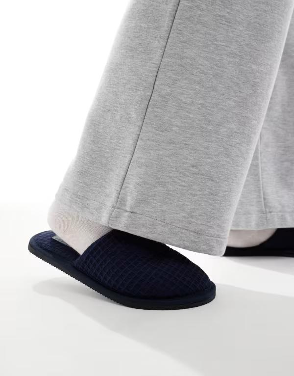 エイソス メンズ シューズ サンダル ASOS DESIGN mule slippers waffle Navy ネイビー