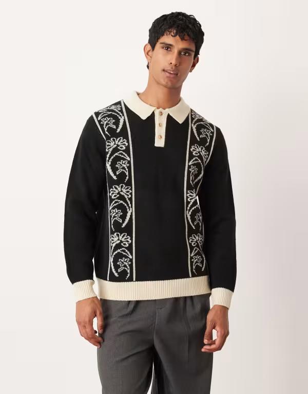 エイソス メンズ アウター ニット・セーター フラワー柄 ポロシャツ ニット フラワー ASOS DESIGN rela..