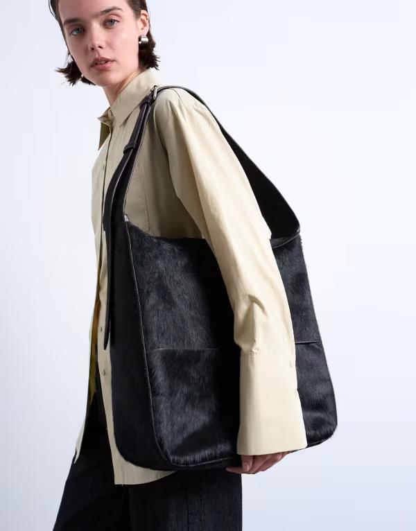 トップショップ レディース バッグ トートバッグ Tシャツ レザー Topshop Teegan real pony leather oversized weave tote in chocolate Chocolate Pony チョコレート