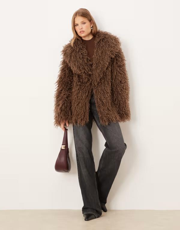 ブレーブソウル レディース アウター コート ジャケット Brave Soul longline Mongolian faux fur jacket in chocolate BROWN ブラウン