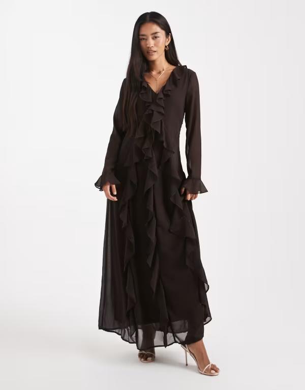 ヴェロモーダ レディース トップス ワンピース シフォン マキシワンピース フリル マキシ Vero Moda ruffle detail chiffon boho maxi dress in chocolate Chocolate torte チョコレート