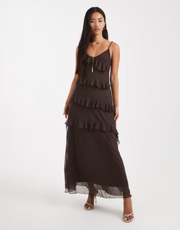 オブジェクト レディース トップス ワンピース マキシワンピース フリル メッシュ マキシ Object mesh ruffle cami maxi dress in chocolate Seal brown ブラウン