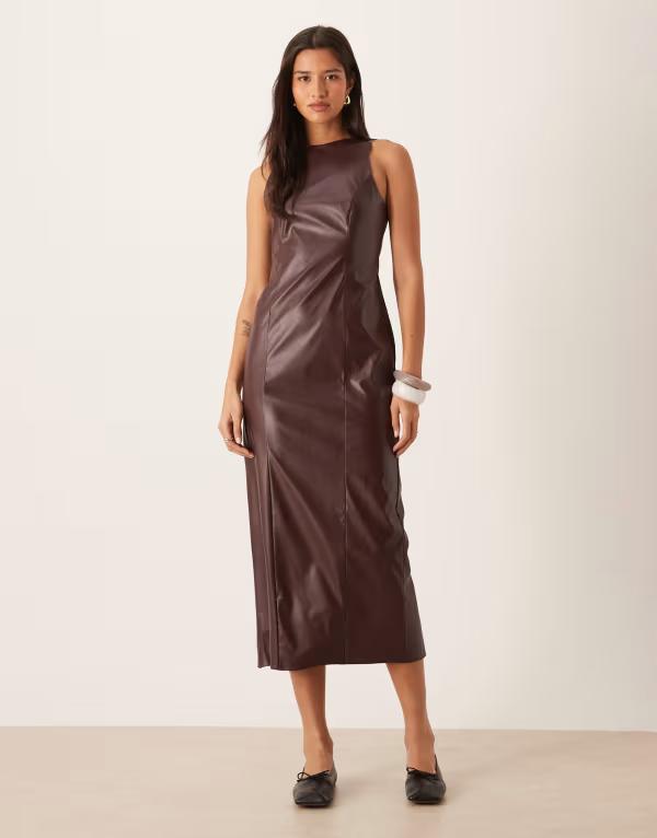 エイソス レディース トップス ワンピース ミディワンピース ミディ ASOS DESIGN racer back pu midi dress in chocolate Brown ブラウン