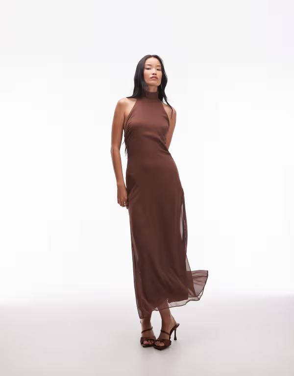 エイソス レディース トップス ワンピース シフォン ハイネック マキシワンピース マキシ ASOS DESIGN chiffon high neck maxi dress in chocolate Chocolate チョコレート