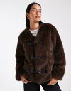 フォース&レックレス レディース アウター ジャケット・ブルゾン BROWN 4th & Reckless faux fur toggle detailing collarless jacket in chocolate brown