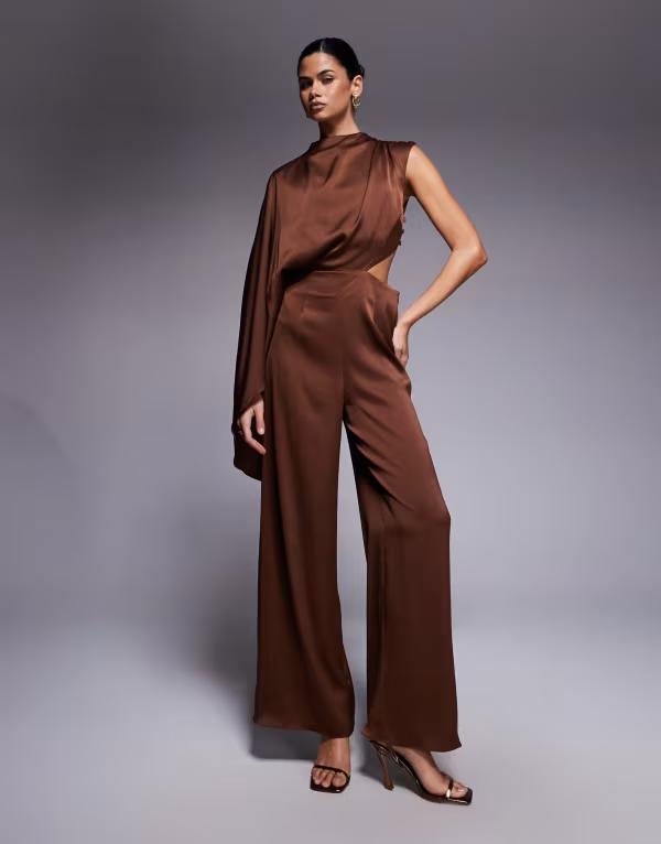 エイソス レディース トップス ジャンプスーツ カットアウト サテン ASOS DESIGN satin one sleeve cut out jumpsuit in chocolate Chocolate チョコレート