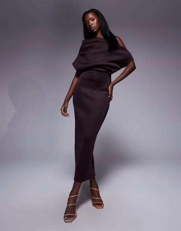 エイソス レディース トップス ワンピース ミディワンピース ミディ スキューバ ASOS DESIGN dramatic neckline scuba midi dress in chocolate Chocolate チョコレート