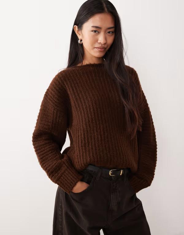 エイソス レディース アウター ニット・セーター セーター ASOS DESIGN slash neck blouson sleeve sweater with rib overarm detail in chocolate Chocolate チョコレート