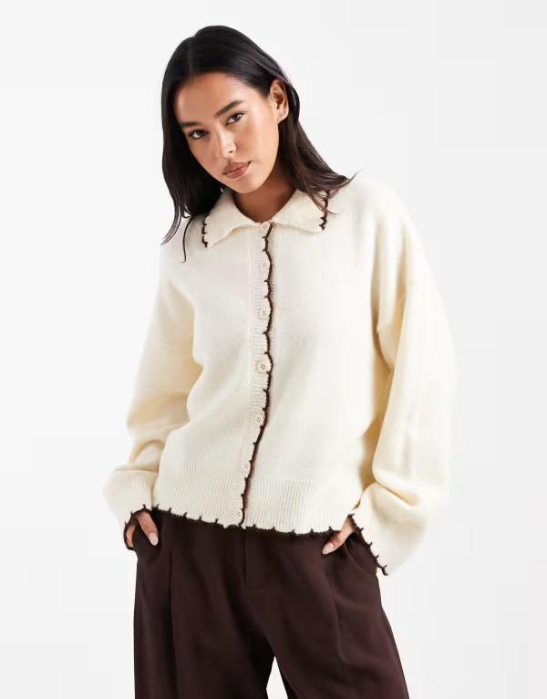 ミスセルフフリッジ レディース アウター カーディガン Miss Selfridge blanket stitch cardigan in buttermilk with chocolate tipping Buttermilk チョコレート