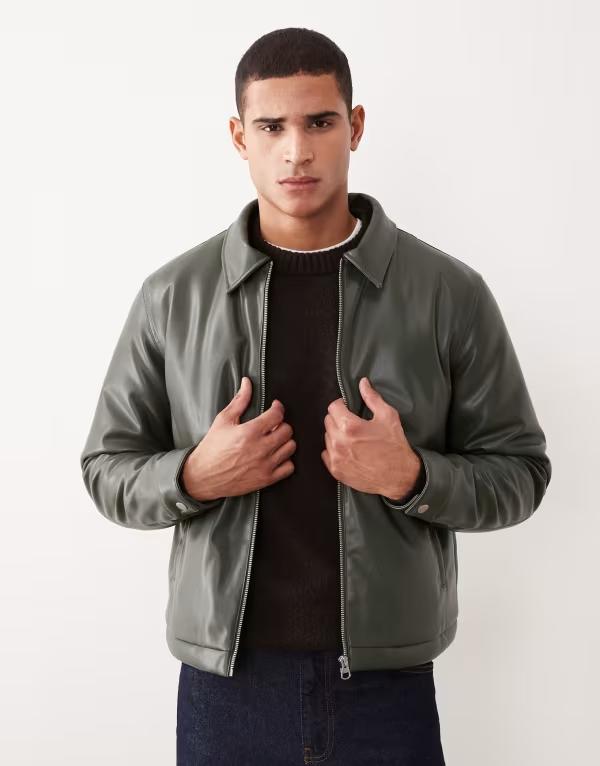 エイソス メンズ アウター ジャケット・ブルゾン レザー フェイクレザー ジャケット ASOS DESIGN faux leather harrington jacket GREEN グリーン