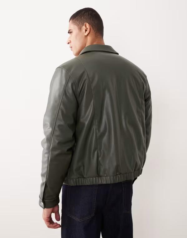 エイソス メンズ アウター ジャケット・ブルゾン レザー フェイクレザー ジャケット ASOS DESIGN faux leather harrington jacket GREEN グリーン