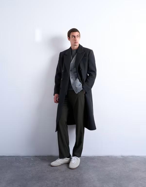ȥåץޥ     Topman wool blend waisted double breasted overcoat in charcoal CHARCOAL 㥳