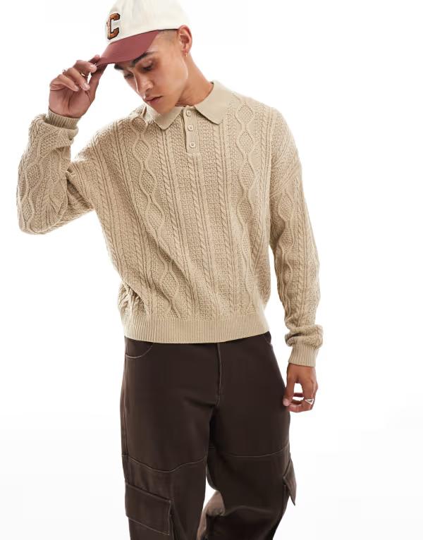 エイソス メンズ トップス ポロシャツ セーター ニット ASOS DESIGN relaxed cable knit polo sweater ..