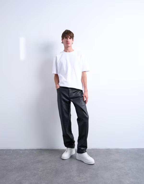 ȥåץޥ  ܥȥॹ 奢ѥ ȥ졼 ѥ 쥶 Topman straight leg real leather pants Black ֥å