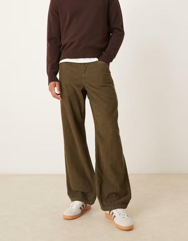 エイソス メンズ ボトムス カジュアルパンツ コーデュロイ パンツ ASOS DESIGN baggy pants-green corduroy Khaki カーキ