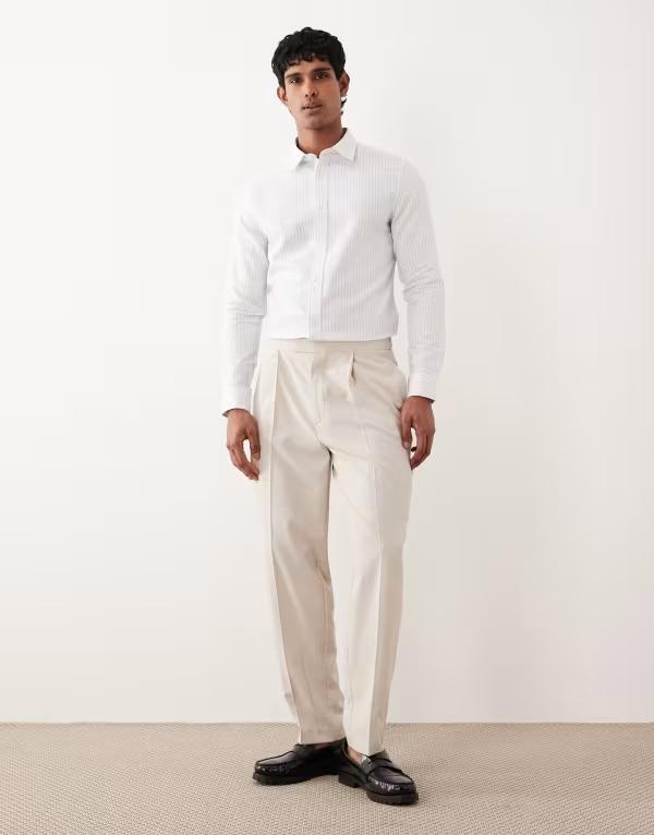 エイソス メンズ トップス シャツ ASOS DESIGN slim textured stripe shirt WHITE ホワイト