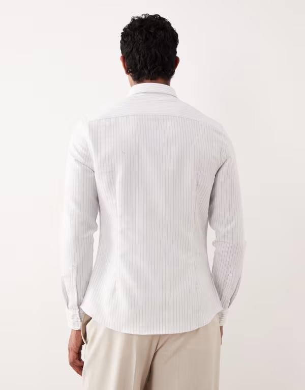 エイソス メンズ トップス シャツ ASOS DESIGN slim textured stripe shirt WHITE ホワイト