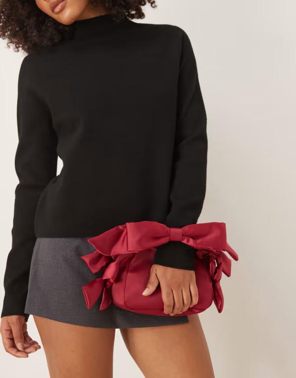 エイソス レディース バッグ クラッチバッグ サテン ASOS DESIGN satin clutch bag with bow detailing RED レッド(4)