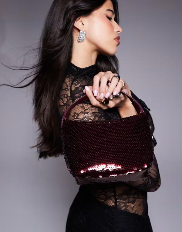 エイソス レディース バッグ クラッチバッグ スパンコール ASOS DESIGN sequin clutch purse Burgundy ..