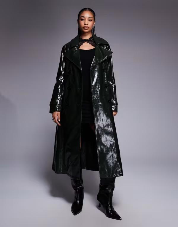 リバーアイランド レディース アウター コート レザー フェイクレザー River Island faux leather croc trench coat in dark DARK GREEN グリーン
