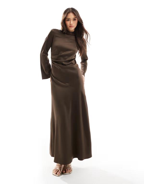 クローゼットロンドン レディース トップス ワンピース マキシワンピース ドレープ サテン マキシ Closet London long sleeve satin drape maxi dress in chocolate chocolate チョコレート