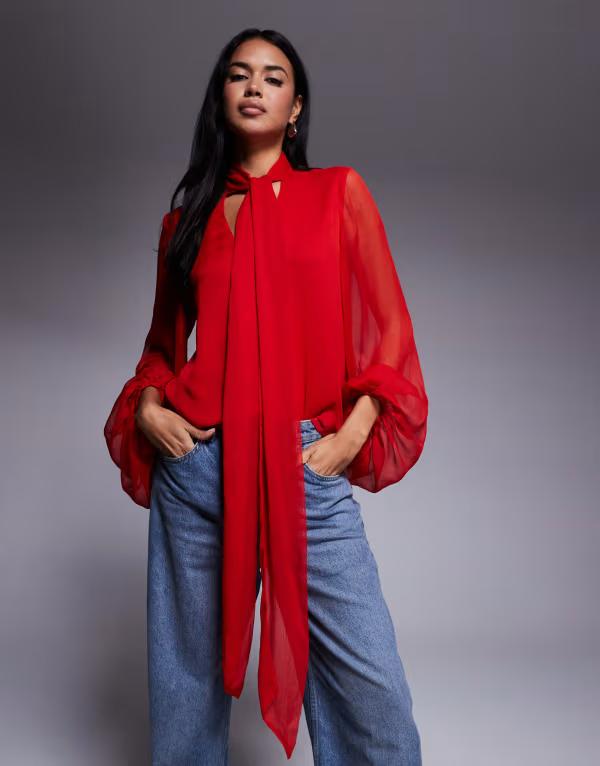 バードット レディース トップス シャツ ブラウス レース Bardot Solace tie front long sleeve blouse in deep Deep Red レッド