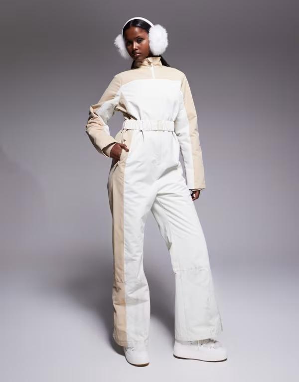 スリードベア レディース トップス ジャンプスーツ Threadbare Ski two-tone ski suit in ecru and sto..