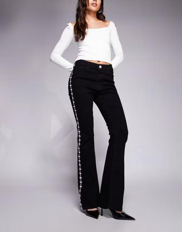 リバーアイランド レディース ボトムス デニムパンツ ブーツカット ブーツ ジーンズ River Island embellished bootcut flared jeans Black ブラック