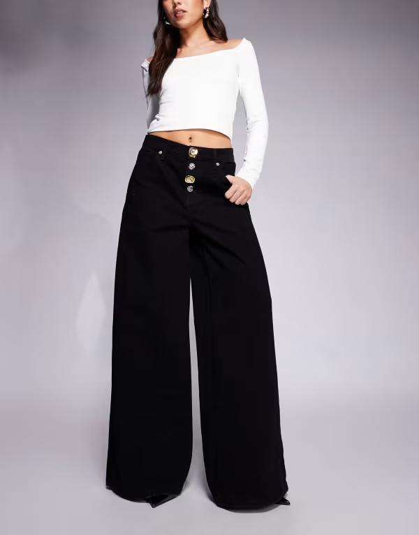 リバーアイランド レディース ボトムス デニムパンツ ジーンズ River Island stitch detailing button front palazzo jeans Black ブラック