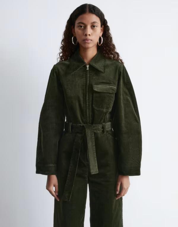 アンドアザーストーリーズ レディース トップス ジャンプスーツ コーデュロイ & Other Stories belted corduroy jumpsuit with volume sleeves in dark Dark Green グリーン