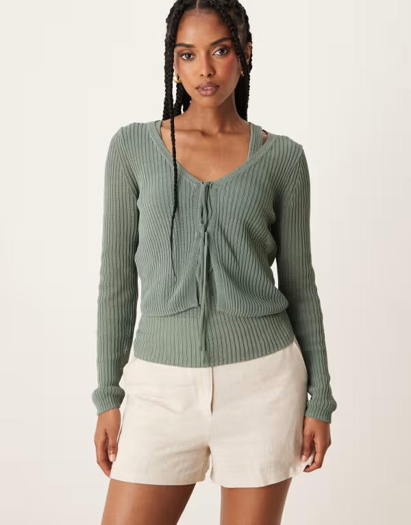 マンゴ レディース アウター カーディガン Mango tie front lightweight cardigan in sage LIGHT GREEN..