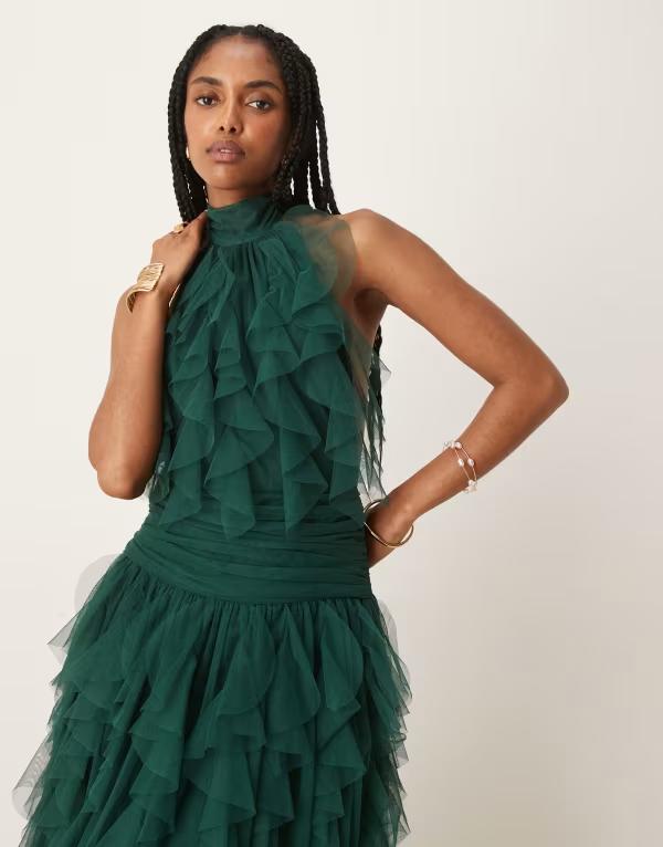 【送料無料】 レース アンド ビーズ レディース ワンピース トップス Lace & Beads halter neck tulle maxi dress in emerald green Emerald Green