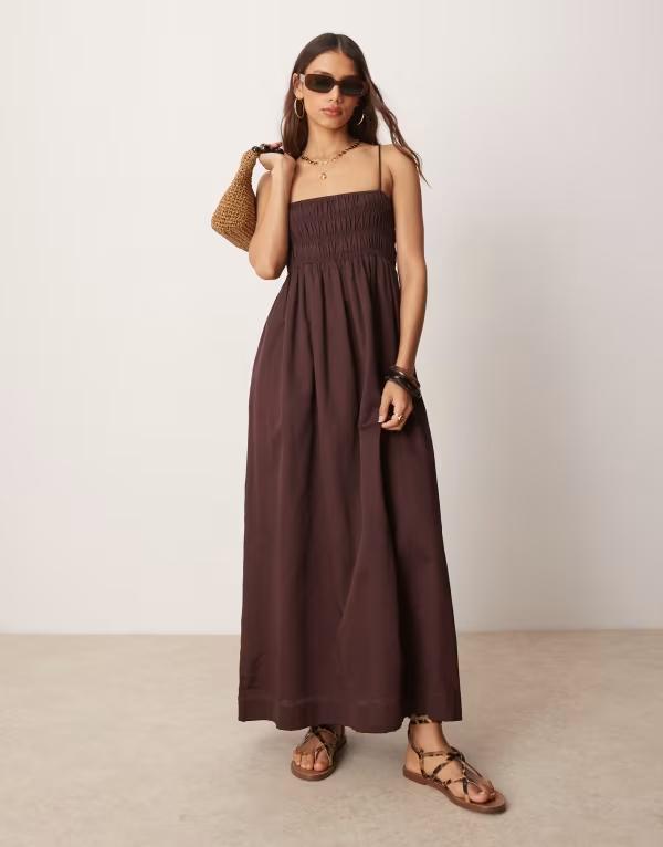 エイソス レディース トップス ワンピース マキシワンピース Tシャツ コットン マキシ ASOS DESIGN shirred bust cotton sateen maxi dress in chocolate Chocolate チョコレート