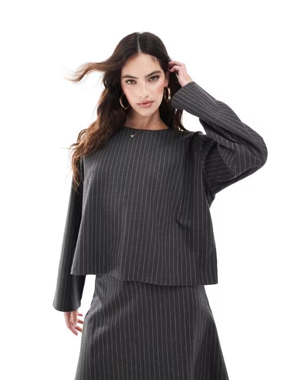 オブジェクト レディース トップス Tシャツ Object long sleeved top pinstripe - part of a set Dark Gray Melange グレー