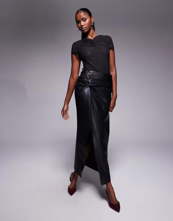 リバーアイランド レディース ボトムス スカート ミディ レザー フェイクレザー River Island faux leather twist side midi skirt Black ブラック