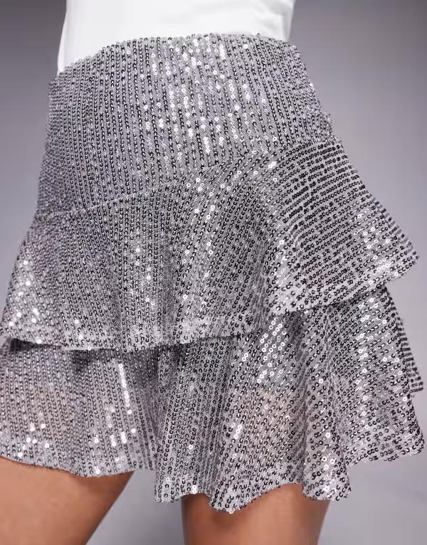 エイソス レディース ボトムス スカート ミニ スパンコール ASOS DESIGN sequin rara mini skirt Silver シルバー
