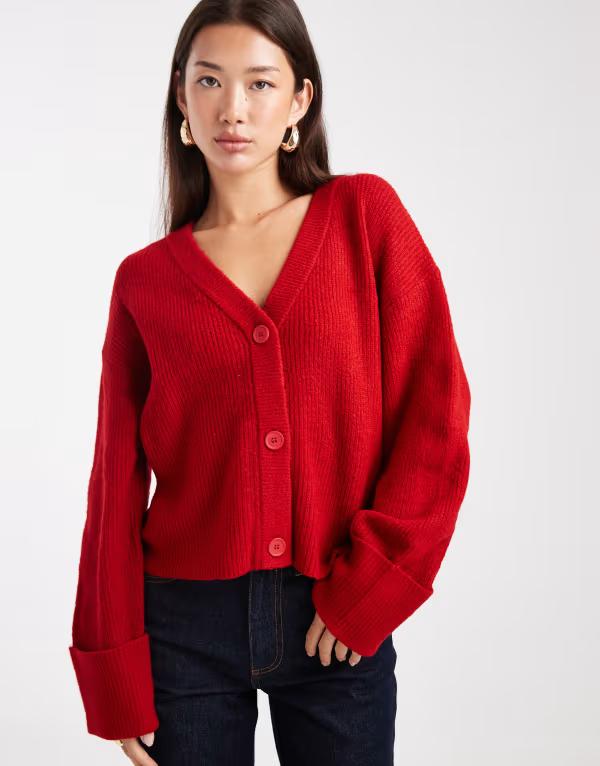 ミスセルフフリッジ レディース アウター カーディガン Vネック Miss Selfridge wide cuff V neck cardigan in tomato Tomato Red レッド
